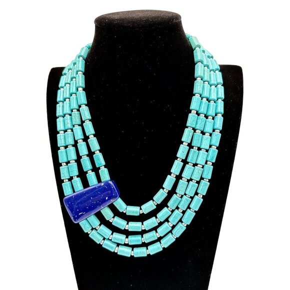 CHICOS Faux Turquoise Lapis Lazuli Bib Statement 16" to 18" Statement Necklace - Picture 1 of 3